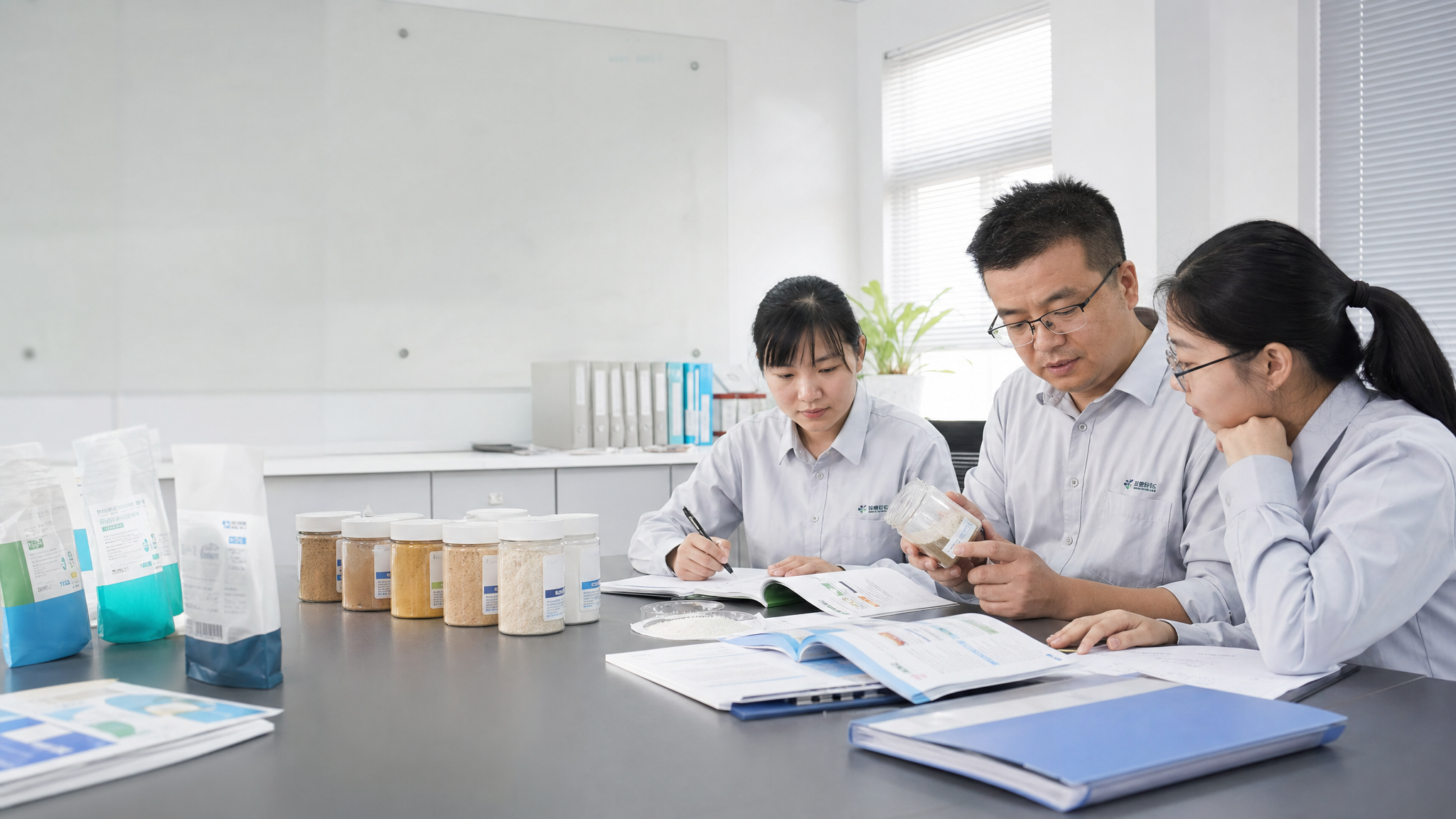企业产品与技术团队在真实资料评审场景中查看样品、手册与检测资料，体现产品中心的正式展示氛围。